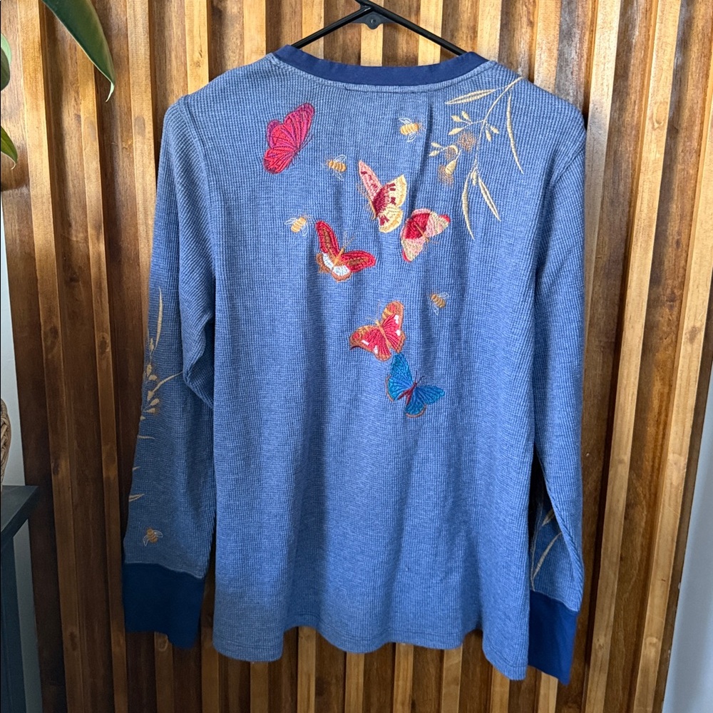 Johnny Was Blue Embroidered V-Neck Floral Butterfly Top - Picture 3 of 11